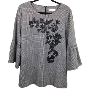 Calvin Klein Tweed 3/4 Bell Sleeve Embroidered Floral Round Neck Zippered Top L